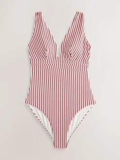 Rose/blanc rayé - Maillot de bain plongeant et galbant avec contrôle du ventre