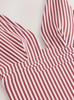 Rose/blanc rayé - Maillot de bain plongeant et galbant avec contrôle du ventre