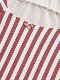 Rose/blanc rayé - Maillot de bain plongeant et galbant avec contrôle du ventre