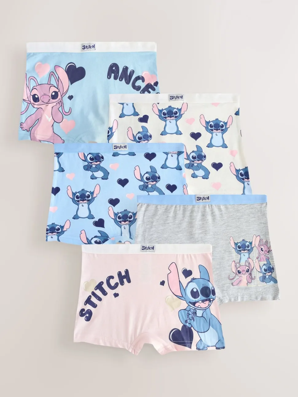 Rose/Bleu - Disney Stitch and Angel Shorts 5 Lot (2-16ans)