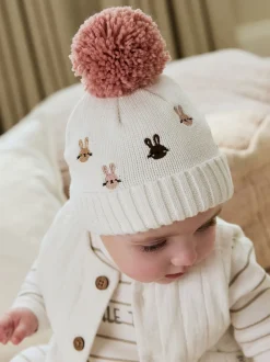 Rose/Crème - Chapeau brodé en maille à pompons Character lapin (0mois-2ans)