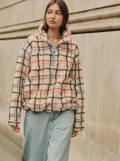 Rose/écru à carreaux - Polaire douce en polaire en peau de mouton à col zippé