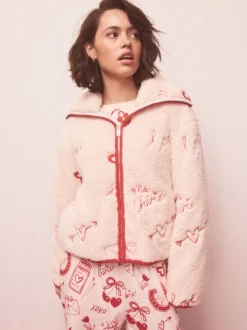 Rose/rouge motif cœurs - Polaire Borg à fermeture éclair