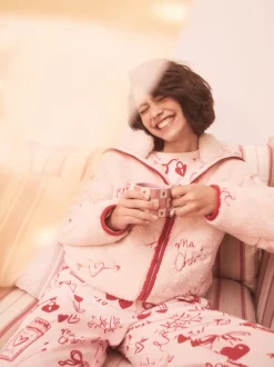 Rose/rouge motif cœurs - Polaire Borg à fermeture éclair