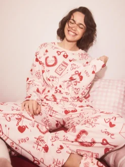 Rose/rouge motif cœurs - Pyjamas Manche longue côtelé