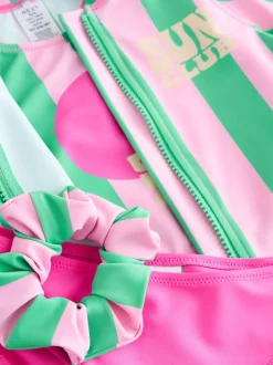 Rose/vert rayé - Ensemble bikini et chouchou Sunsafe Rash Gilet (3-16ans)