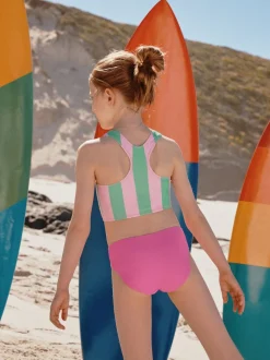 Rose/vert rayé - Ensemble bikini et chouchou Sunsafe Rash Gilet (3-16ans)
