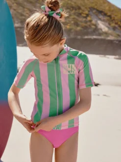 Rose/vert rayé - Ensemble bikini et chouchou Sunsafe Rash Gilet (3-16ans)