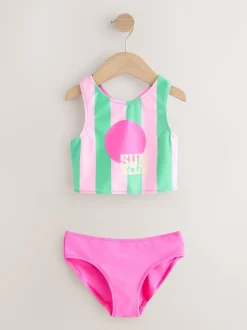 Rose/vert rayé - Ensemble bikini et chouchou Sunsafe Rash Gilet (3-16ans)
