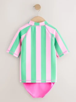 Rose/vert rayé - Ensemble bikini et chouchou Sunsafe Rash Gilet (3-16ans)