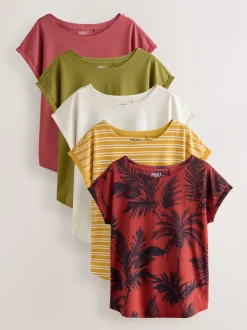 Rose/vert/blanc/jaune rayé/imprimé palmier - Lot de 5 T-shirts à mancherons