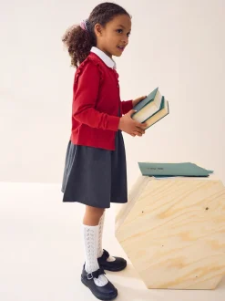 Rouge - Cardigan d'école à épaules volantées en coton riche (3-16ans)