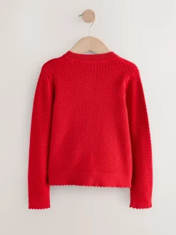 Rouge - Cardigan scolaire en maille torsadée riche en coton (3-16ans)