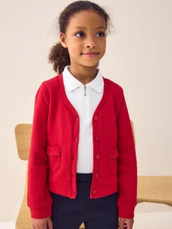 Rouge - Cardigan scolaire en jersey à poches volantées en coton riche (3-16ans)