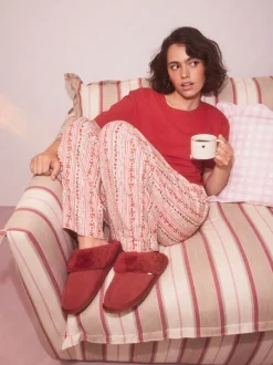 Rouge - Chaussons mules en daim doublés de fausse fourrure