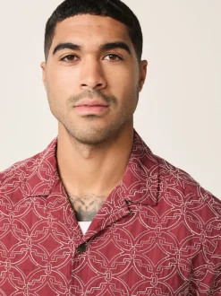 Rouge - Chemise Tile texturée brodée à manches courtes