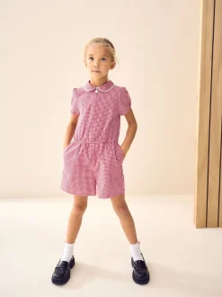 Rouge - Combinaison d'école Vichy en coton riche avec fermeture éclair (3-14ans)