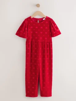 Rouge - Combinaison en velours à motif cœur en relief (3-16ans)