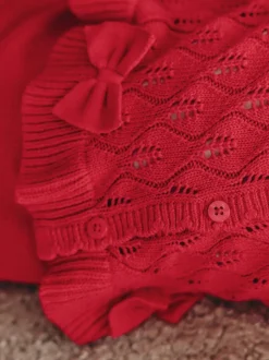 Rouge - Ensemble cardigan en maille à nœud à volants (0mois-3ans)