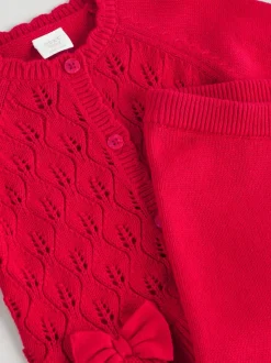 Rouge - Ensemble cardigan en maille à nœud à volants (0mois-3ans)