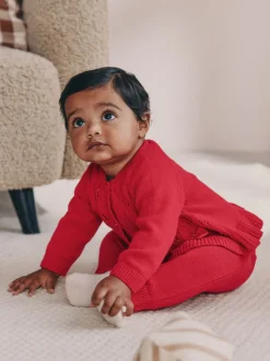 Rouge - Ensemble cardigan en maille à nœud à volants (0mois-3ans)