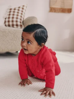 Rouge - Ensemble cardigan en maille à nœud à volants (0mois-3ans)