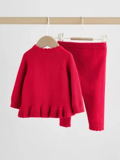 Rouge - Ensemble cardigan en maille à nœud à volants (0mois-3ans)
