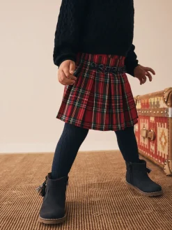 Rouge - Jupe à nœud en tartan avec collants bleu marine (3mois7ans)