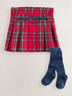 Rouge - Jupe à nœud en tartan avec collants bleu marine (3mois7ans)