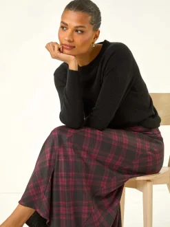 Rouge - Jupe mi-longue Roman à carreaux à empiècements