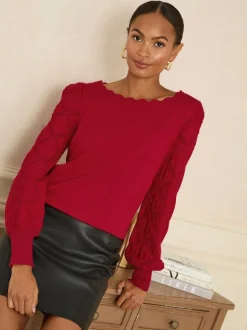 Rouge - Pull Love & Roses Bobble Stitch en maille festonnée