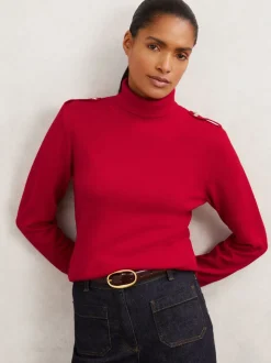 Rouge - Pull Reiss Corrine à col roulé et épaulette en laine