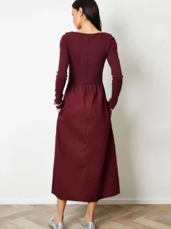 Rouge - Robe Threadbare 2en jersey à manches longues1 en popeline mélangée à col coupé