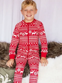 Rouge - The Little Tailor Kids Reindeer Noël Motif Fair Isle 100% Coton Tout-en-un