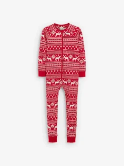 Rouge - The Little Tailor Kids Reindeer Noël Motif Fair Isle 100% Coton Tout-en-un
