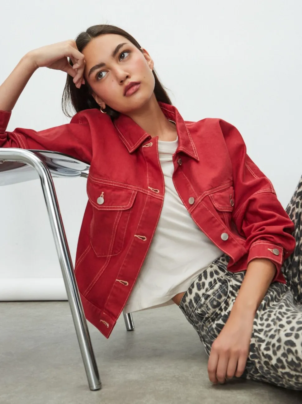 Rouge - Veste Denim oversize coupe décontractée style camionneur