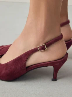 Rouge bordeaux - Chaussures à talons à bride arrière en cuir et détails découpés