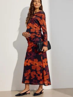 Rouge bordeaux à fleurs - Robe Bardot en maille de grossesse