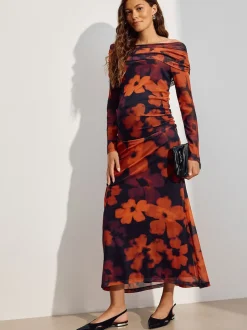 Rouge bordeaux à fleurs - Robe Bardot en maille de grossesse