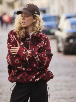 Rouge bordeaux à fleurs - Sweat-shirt en polaire jacquard Teddy Borg à quart de zip