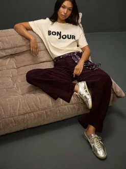 Rouge bordeaux - Pantalons en velours côtelé à jambe large avec écharpe