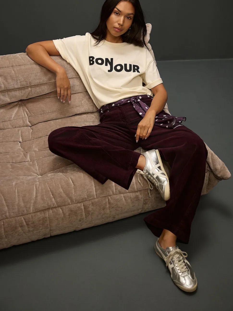 Rouge bordeaux - Pantalons en velours côtelé à jambe large avec écharpe