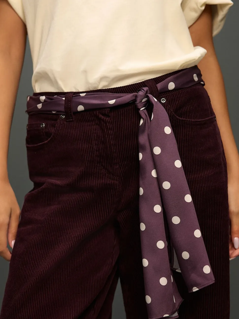 Rouge bordeaux - Pantalons en velours côtelé à jambe large avec écharpe