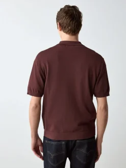 Rouge bordeaux - Polo en maille zippé à manches courtes coupe classique à rayures