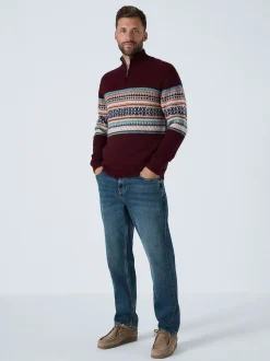 Rouge bordeaux - Pulls à encolure zippée à motif Fair Isle avec un bloc poitrine coupe classique