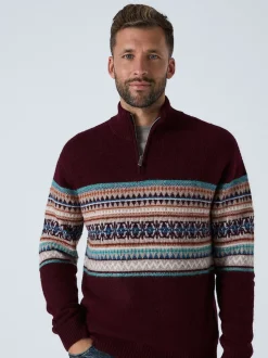 Rouge bordeaux - Pulls à encolure zippée à motif Fair Isle avec un bloc poitrine coupe classique