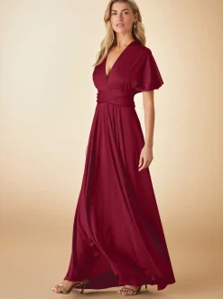 Rouge bordeaux - Robe longue de demoiselle d’honneur multicolore en jersey pour invitée de mariage