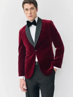 Rouge bordeaux - Slim Fit (Slim Fit) - Blazer Signature Pontoglio en velours italien avec revers châle