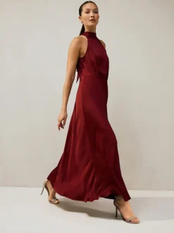 Rouge bordeaux - Texture Satin Licol Sans manches Mi-long Robe