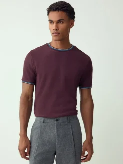 Rouge bordeaux - T-shirt Coupe classique à liserés 100% Coton